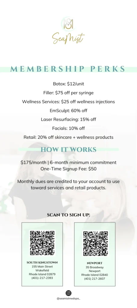 SeaMist MedSpa membership perks and pricing details in Newport & South Kingstown, RI