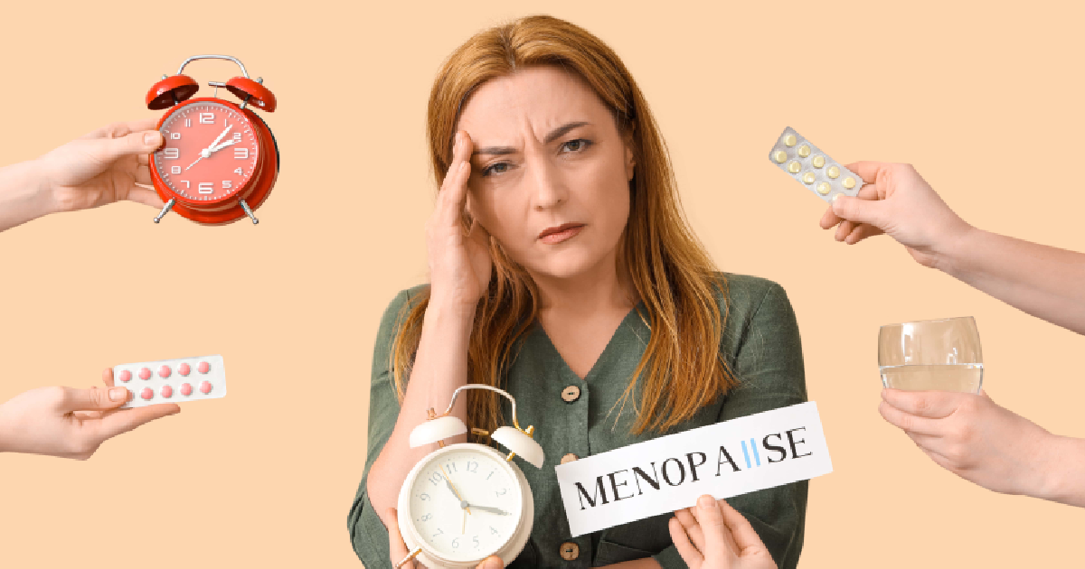 Woman showing difficulties due to menopause, surrounded by clocks, pills, and water, for getting menopause relief options in Newport & South Kingstown.