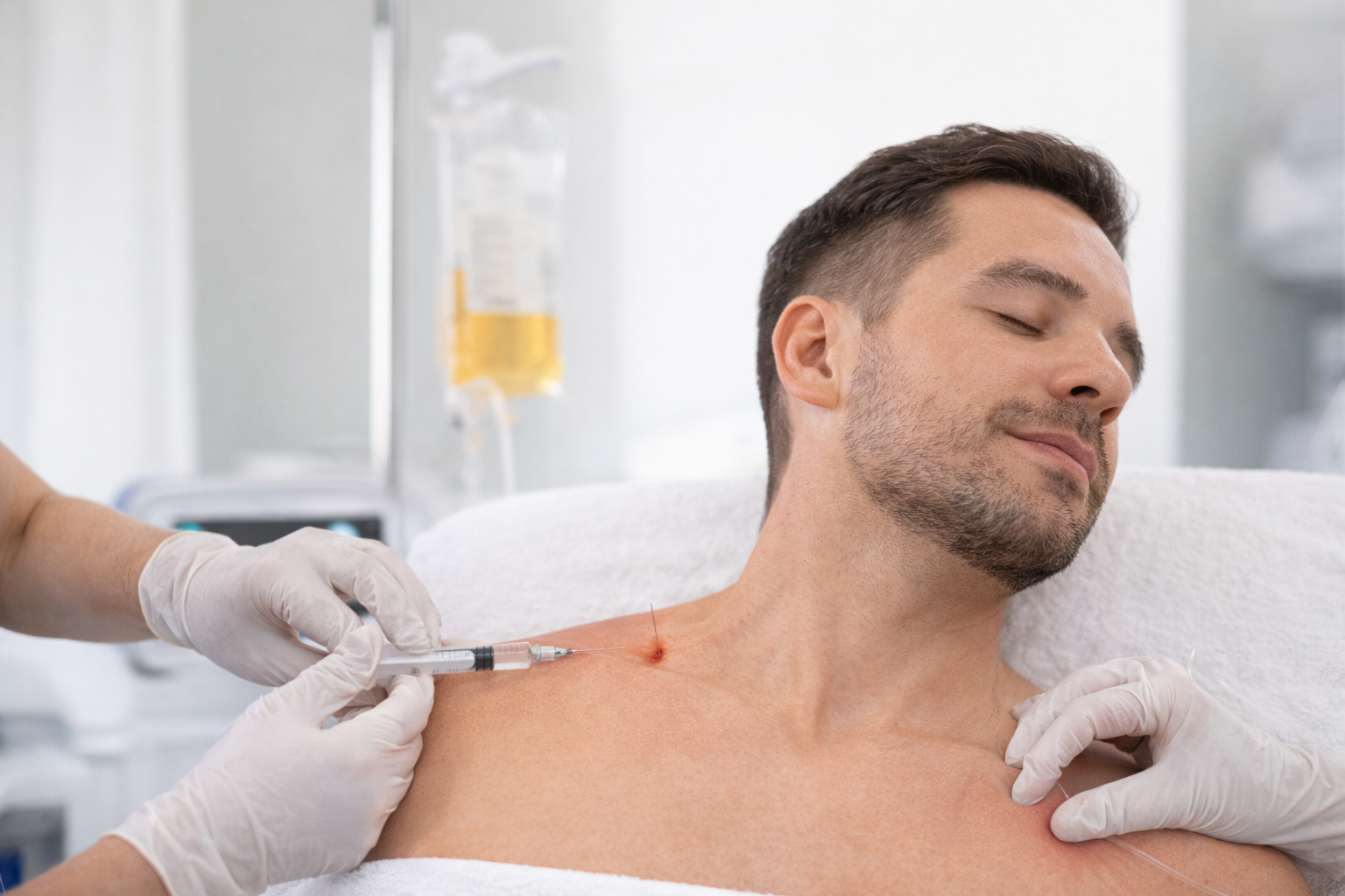 Man receiving a medical injection in the shoulder at a clinic, with a healthcare professional administering THERATOX treatment
