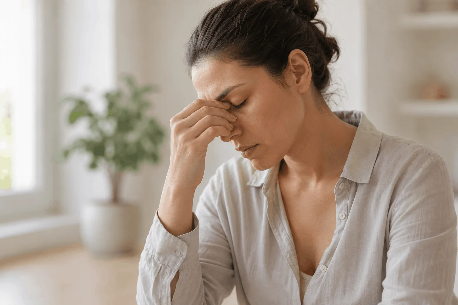 Woman experiencing fatigue and low energy, holding her forehead in a softly lit setting, representing hormone imbalance symptoms and Hormone Replacement Therapy in Rhode Island.
